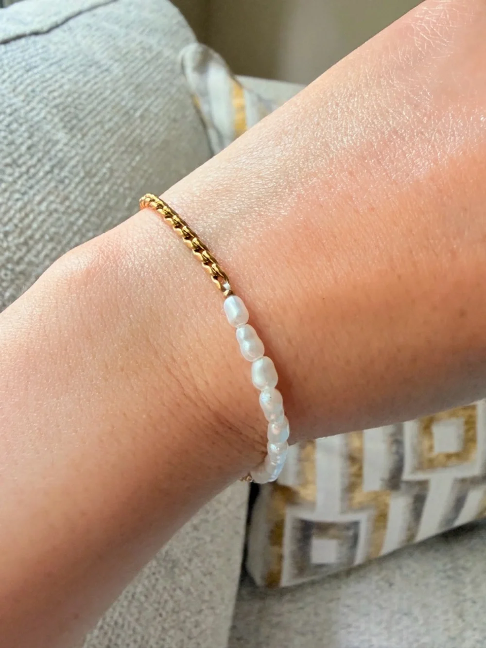 Gold Chain and White Bead Toggle Bracelet Stainless Steel - Picture 5 of 8